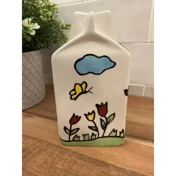VTG Ganz Ceramic Milk‎ Creamer Carton with Spout Drawn Cows and Flowers - Picture 3 of 9